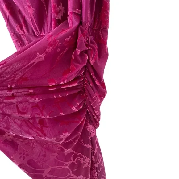 Anthropologie HUTCH One Shoulder Ruched Velvet Flocked Midi Dress Pink Size L - Picture 9 of 14